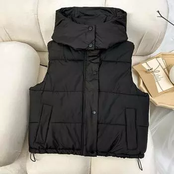 Жилет из хлопка, женский короткий на осень и зиму, новый популярный иностранный стиль, наплечник, жилет с капюшоном, куртка с застежкой-молнией M чёрный