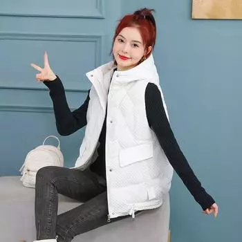 Жилет из хлопка, женский, весенний, модный, теплый, новый, знаменитость из Интернета, взрыв, капюшон, верхняя одежда, жилет, короткий жилет M чёрный