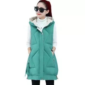 Жилет из хлопка, женский жилет без рукавов, зима-осень, женский теплый длинный жилет с капюшоном, однотонное женское пальто S чёрный