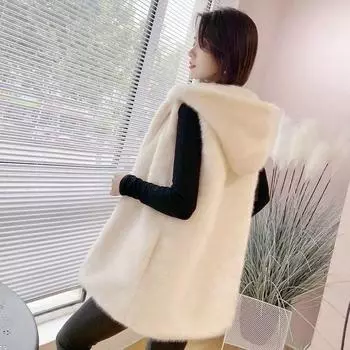 Жилет из искусственного меха Haining для женщин, осень-зима, новая корейская версия, внешний жилет с капюшоном, средний и длинный жилет S белый