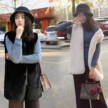 Жилет из искусственного меха средней и длинной длины, жилет из искусственного кролика, утолщенная пушистая куртка, жилет женский, осень и зима S 75-44.5 kg белый