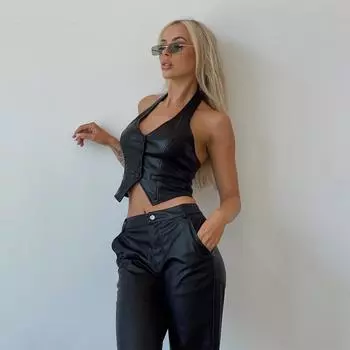 Жилет из искусственной кожи, винтажный женский жилет без рукавов с v-образным вырезом на пуговицах, темный академический жилет, женский летний осенний сексуальный жилет XL чёрный