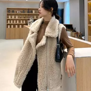 Жилет из искусственной овечьей шерсти, женская новинка на осень и зиму, жилет знаменитости из Интернета, свободный жилет, куртка коричневого цвета без рукавов M 80-100 темно-коричневого
