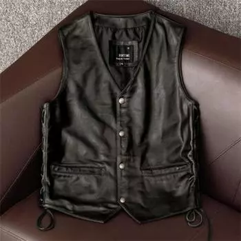 Жилет из натуральной коровьей кожи первого слоя, облегающий, короткий, однобортный, простой, без рукавов S чёрный