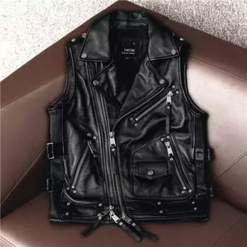 Жилет из натуральной кожи Locomotive Wind, куртка из натуральной коровьей кожи первого слоя, тонкий жилет для мотоциклетного велоспорта S чёрный