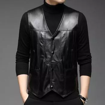 Жилет из натуральной кожи, мужской новый осенне-зимний жилет из овчины в деловом стиле, модный топ, мужская одежда XXL чёрный
