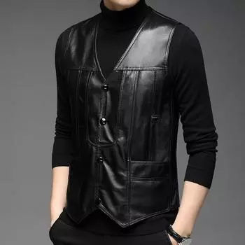 Жилет из натуральной кожи, мужской новый осенне-зимний жилет из овчины в деловом стиле, модный топ, мужская одежда L чёрный