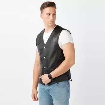 Жилет из натуральной кожи в байкерском стиле, черный