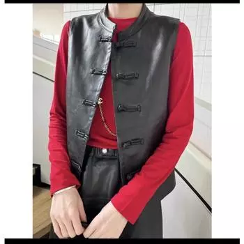 Жилет из натуральной кожи, женская новая короткая повседневная куртка из овчины в национальном стиле с пряжкой из кожи S чёрный