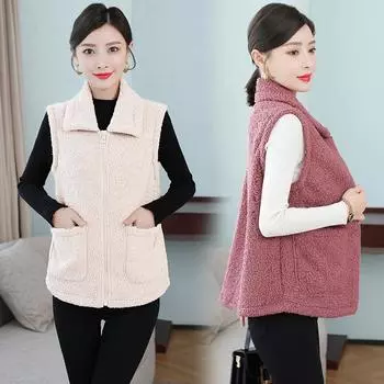 Жилет из овечьей шерсти для женщин среднего и пожилого возраста, короткий жилет из зернистого бархата для мам большого размера M [recommended 80-45kg]