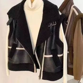 Жилет из овечьей шерсти куртка женская 2024 осень-зима новая корейская версия флис утолщенный имитация интегрированный плюшевый жилет прилив M [85-55kg recommended]