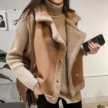 Жилет из овечьей шерсти женский 2024 весна и осень новый корейский вариант свободный студенческий лацкан меховой интегрированный плюшевый жилет куртка ¶ M [Recommended 85-52.5 kg] ¶