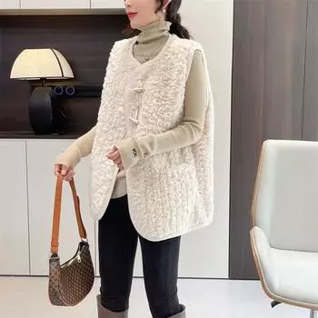 Жилет из плюшевой овчины, женская осенне-зимняя новая жилетка без рукавов в стиле ретро с меховой отделкой M хаки