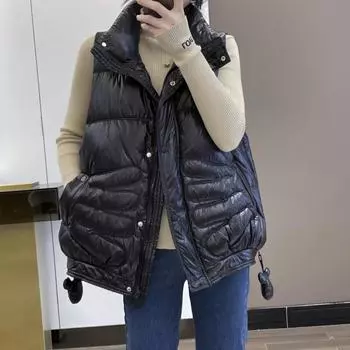 Жилет из пухового хлопка для женщин, европейская модель, осень и зима, новый глянцевый универсальный жилет из пухового хлопка, внешний жилет, куртка M чёрный