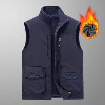 Жилет из утолщенного бархата для людей среднего возраста с основой для сохранения тепла и повседневным жилетом, с множеством карманов с обеих сторон M хаки