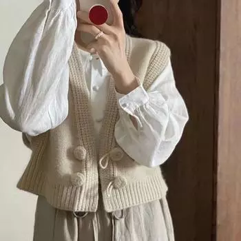Жилет-кардиган с французским V-образным вырезом для верхней женской одежды. Короткий жилет-свитер. S