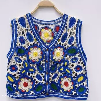 Жилет-кардиган в этническом стиле с вышивкой, V-образным вырезом и короткими плечами без рукавов с вырезом для женщин S синий