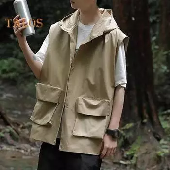 Жилет карго с капюшоном, без рукавов, застежка-молния, однотонный жилет, пальто с карманами, свободный крой, однотонный жилет в уличном стиле M чёрный