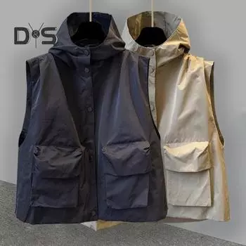 Жилет карго с капюшоном, без рукавов, застежка-молния, однотонный жилет, пальто с карманами, свободный крой, однотонный жилет в уличном стиле M чёрный