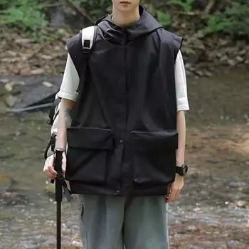 Жилет-карго Yousheng с капюшоном, без рукавов, на молнии, однотонный жилет с карманами, свободный крой, однотонный жилет в уличном стиле M чёрный