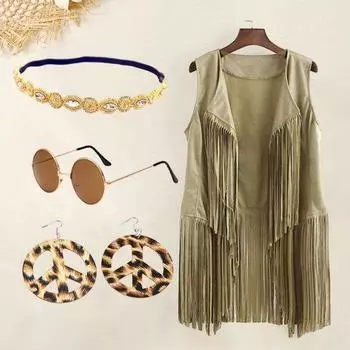 Жилет, костюм, серьги, ожерелье, очки, декор с кисточками, ковбойский жилет в стиле вестерн, изысканный винтажный комплект ювелирных изделий, реквизит для вечеринки в стиле косплей M кофейный