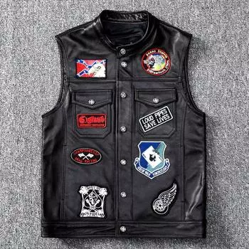 Жилет, куртка из натуральной кожи первого слоя, мужская короткая облегающая жилетка с несколькими логотипами, молодежный тренд S чёрный