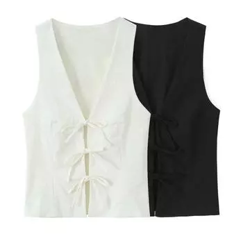 Жилет-куртка на шнуровке в стиле унисекс с бантом для женщин, безрукавка с бантом, модный офисный жилет M белый