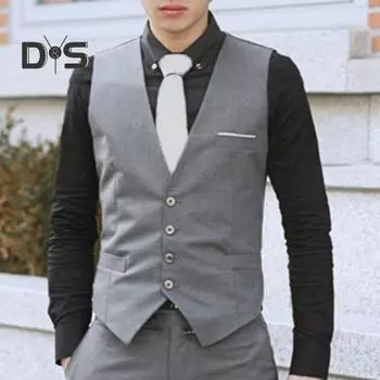 Жилет мужской формальный деловой жилет без рукавов облегающий однобортный с V-образным вырезом шелковистый с карманами против морщин свадебное пальто жениха 2XL чёрный