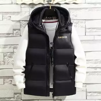 Жилет мужской новый утолщенный черно-золотой жилет молодежный с капюшоном теплый пуховый хлопковый жилет повседневная куртка M (60-42.5 kg) чёрный