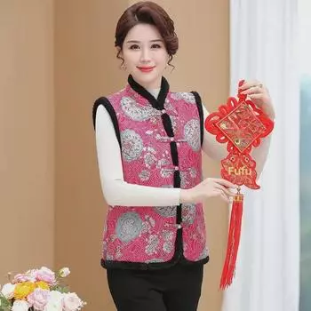 Жилет на пуговицах с бархатной подкладкой нового стиля для женщин среднего возраста — теплый и модный на осень/зиму. 2XL [105-120 lbs recommendation] розы красного