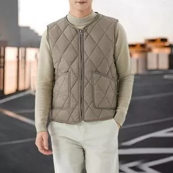 Жилет-подкладка с V-образным вырезом, без рукавов, застежка-молния, жилет-пальто с карманами, однотонный ромб M серый