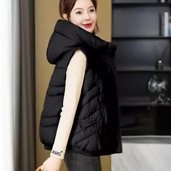 Жилет пуховая хлопковая одежда осень и зима с капюшоном 2024 короткая новая хлопковая одежда модная тонкая одежда жилет жилет M чёрный