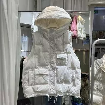 Жилет-пуховик 2024 года, осенне-зимний жилет из белого утиного пуха, женский утолщенный жилет с капюшоном, свободный и универсальный тренд верхней одежды one size fits all белый