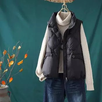 Жилет пуховый женский верхняя одежда 2024 зима новый легкий воротник-стойка кленовый лист теплый жилет one size fits all хаки