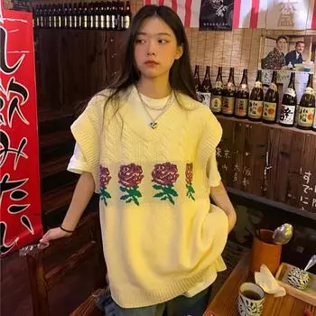 Жилет-роза, свитер женский жаккардовый универсальный, жареное тесто, осень 2023, вязаный жилет внахлест, свитер женский топ One Size абрикосовый