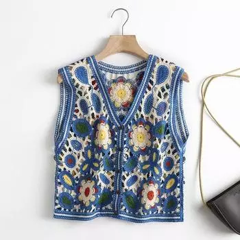 Жилет с ажурной вышивкой в стиле ретро, женский трикотажный короткий топ с V-образным вырезом, однобортный кардиган One Size чёрный