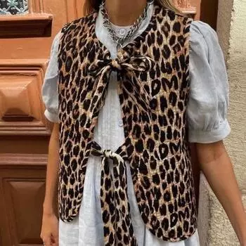Жилет с бантом и леопардовым принтом на шнуровке для женщин, свободный жилет без рукавов с V-образным вырезом, весна, повседневный, модный, уличный, топы S