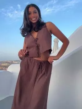 Жилет с бантом на шнуровке, юбка, женские костюмы, шикарные женские комплекты без рукавов с V-образным вырезом, юбка с эластичной талией, новые летние женские наряды 2024 года XS чёрный