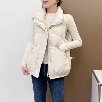 Жилет с бантом, женская одежда, зима 2024, новый легкий стоячий воротник, термокарман, терможилет S хаки