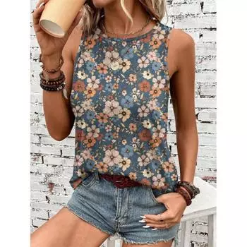 Жилет с цветочным принтом, напечатанный на 3D-принтере, женский жилет в стиле ретро с круглым вырезом, повседневный жилет с открытыми плечами в стиле Y2k, топ без рукавов, женская одежда S
