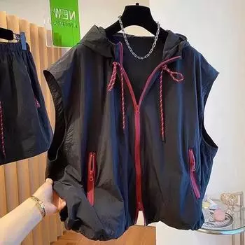Жилет с капюшоном, без рукавов, весна-лето, легкая и универсальная, свободная, повседневная, быстросохнущая, солнцезащитная куртка 6XL чёрный