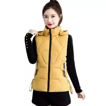 Жилет с капюшоном без рукавов, женский хлопковый жилет, зима-осень, однотонное пальто, женский теплый короткий жилет M чёрный