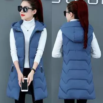 Жилет с капюшоном из хлопка для женщин, теплая, средней длины, без рукавов, утолщенная, однотонная, на молнии, куртка, тонкий жилет, осень-зима M синий