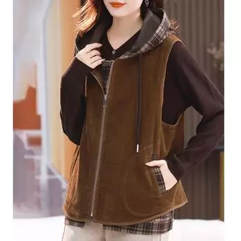 Жилет с капюшоном, женская весенне-осенняя однотонная куртка на молнии с карманами снаружи, топы без рукавов M коричневый