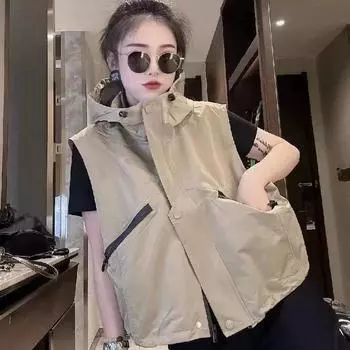 Жилет с капюшоном женские модели, осенняя новинка с капюшоном повседневный женский свитер жилет жилет жилет M(80-110) хаки