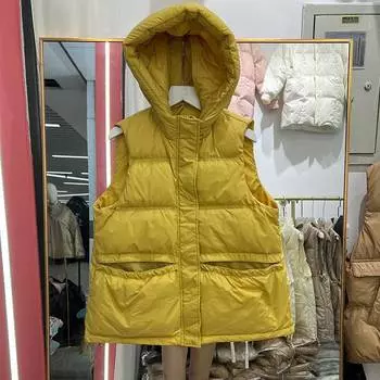 Жилет с капюшоном, женский, короткий, 2024, осень-зима, корейская версия, повседневный, белый, жилет, жилет, куртка, верхняя одежда S белый