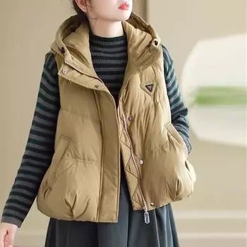 Жилет с капюшоном женский, модный на осень и зиму 2024 года, свободный теплый треугольный стандартный жилет, куртка-жилет S хаки