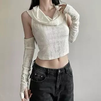 Жилет с капюшоном женский топ однотонный панк длинные рукава футболка рукава дамы L