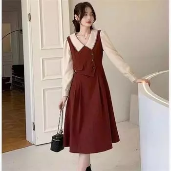 Жилет с кукольным вырезом, искусственное платье из двух частей, осень-зима, большая элегантная темпераментная длинная юбка M коричневый