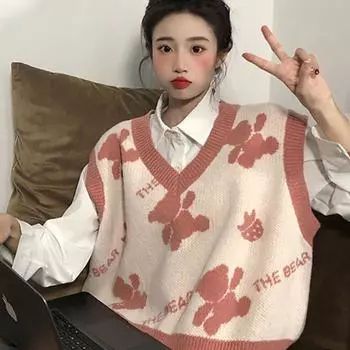 Жилет с медвежонком в академическом стиле, новинка весны 2023, маленькая свежая милая верхняя одежда с v-образным вырезом, вязаный свитер без рукавов, пуловер для женщин One Size синий